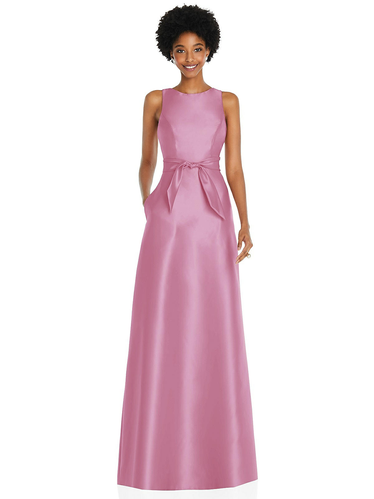 Jewel-neck V-back Maxi Bridesmaid Dress With Mini Sash In Powder