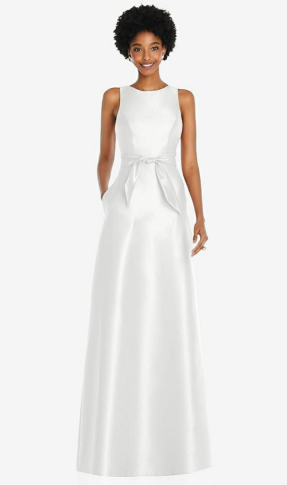 Front View - White Jewel-Neck V-Back Maxi Dress with Mini Sash