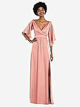 Front View Thumbnail - Rose Asymmetric Bell Sleeve Wrap Maxi Dress with Front Slit