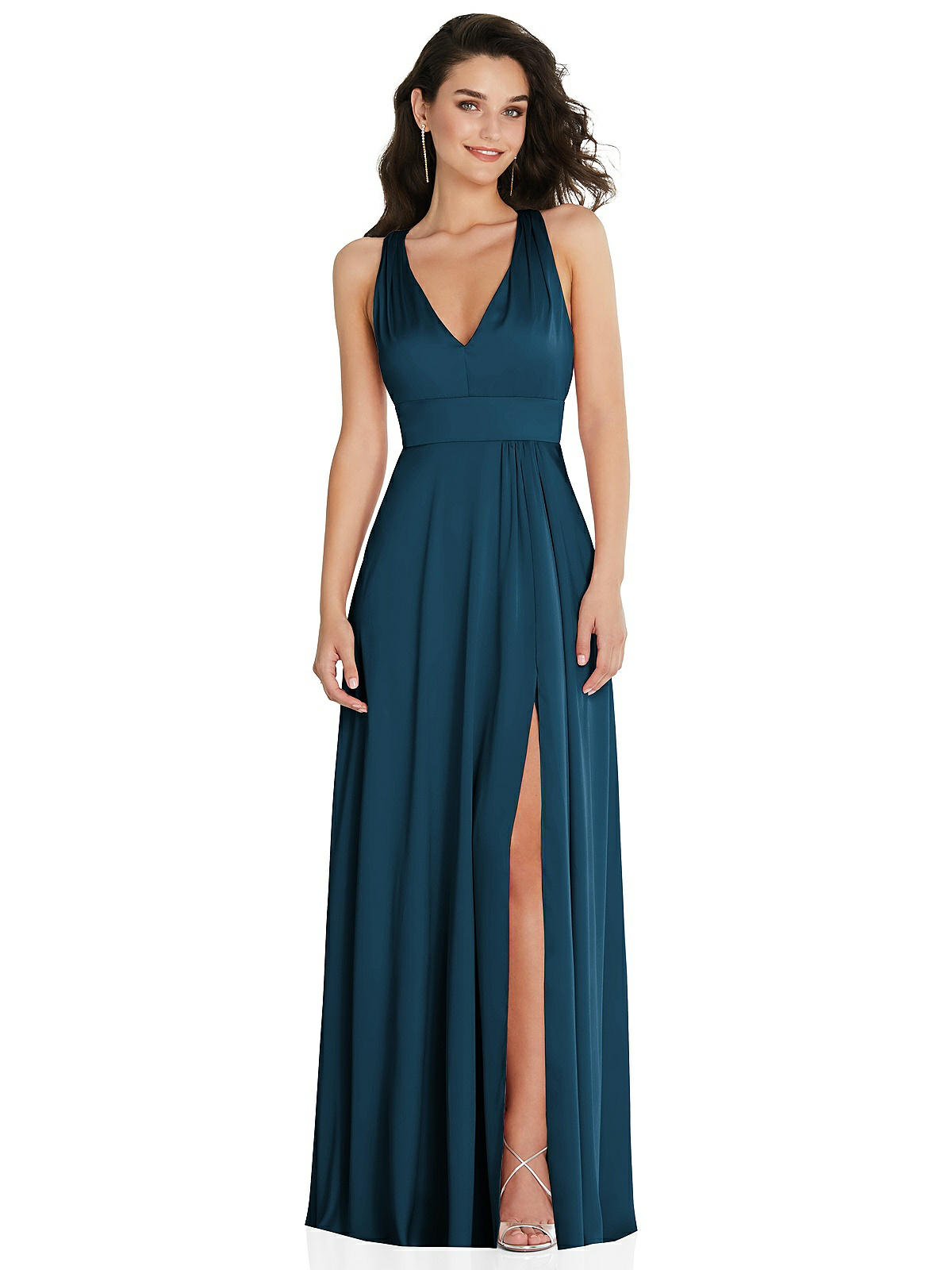Shirred Shoulder Criss Cross Back Maxi Bridesmaid Dress With Front