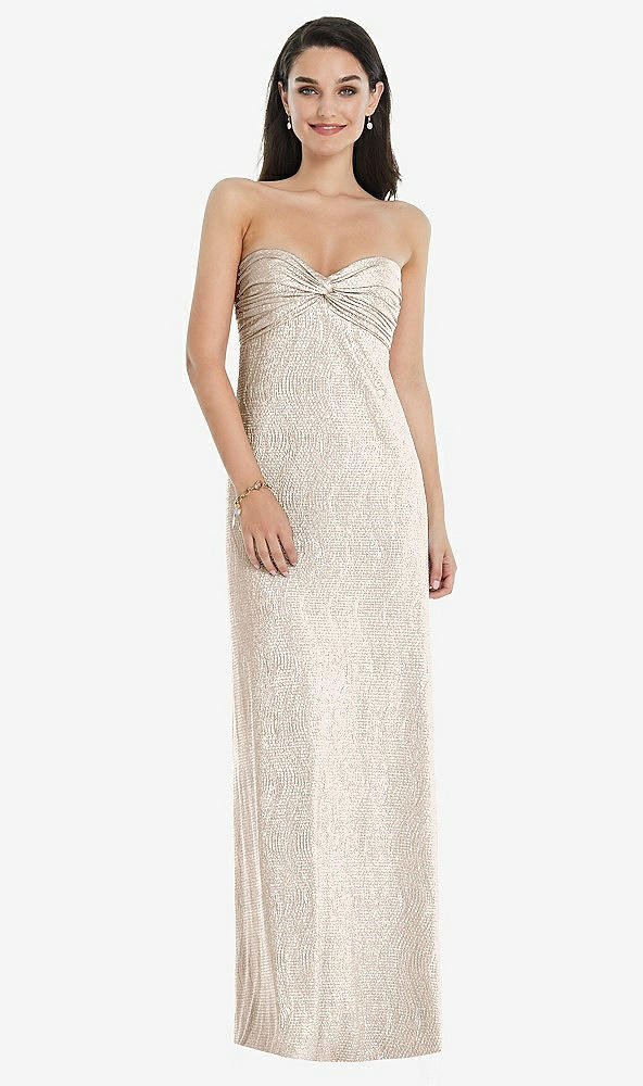 Front View - Rose Gold Strapless Twist Bodice Empire Waist Metallic Maxi Dress