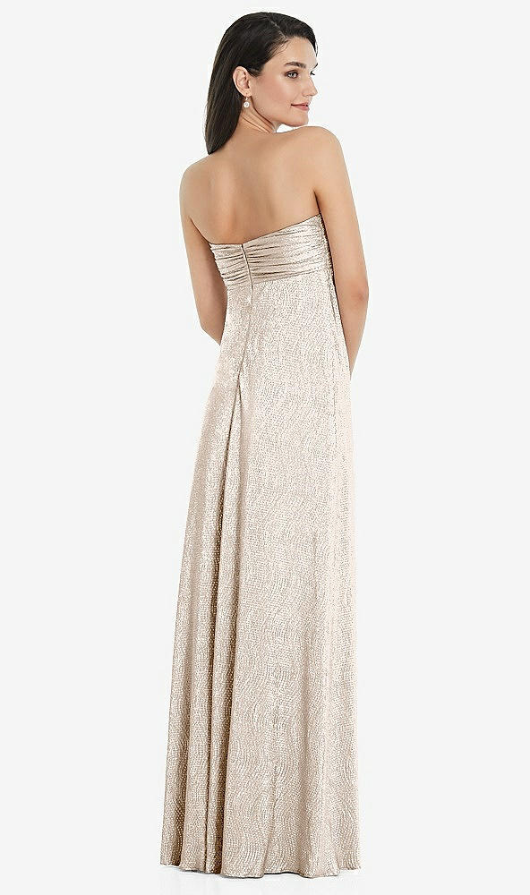Back View - Rose Gold Strapless Twist Bodice Empire Waist Metallic Maxi Dress