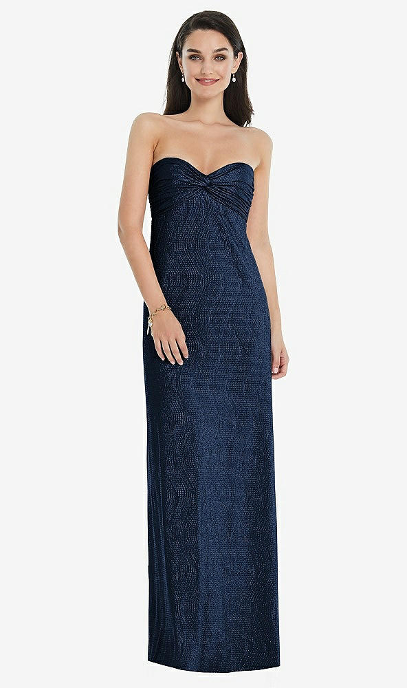 Front View - Midnight Navy Strapless Twist Bodice Empire Waist Metallic Maxi Dress