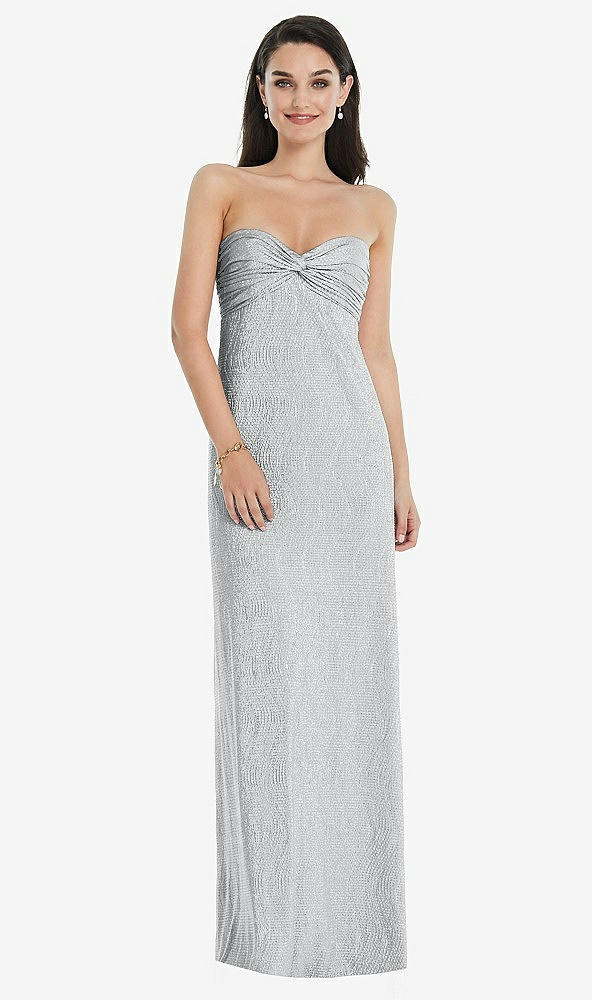 Front View - Silver Strapless Twist Bodice Empire Waist Metallic Maxi Dress