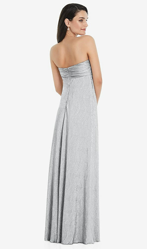Back View - Silver Strapless Twist Bodice Empire Waist Metallic Maxi Dress