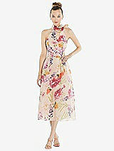 Front View Thumbnail - Penelope Floral Print Scarf-Tie High-Neck Halter Pink Floral Organdy Midi Dress
