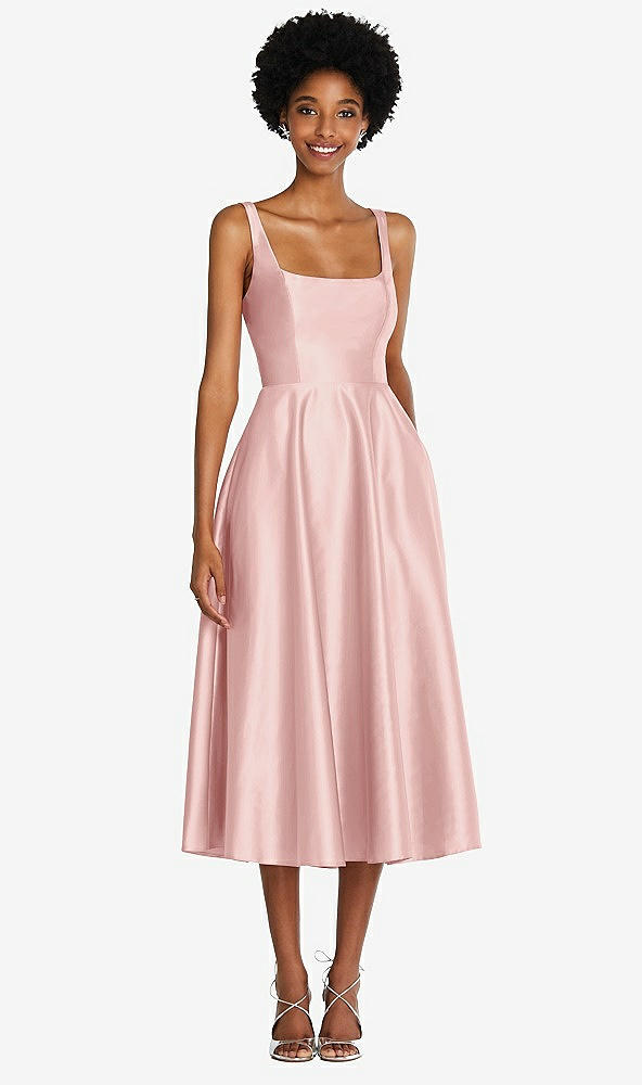 Front View - Rose Square Neck Full Skirt Satin Midi Dress with Pockets