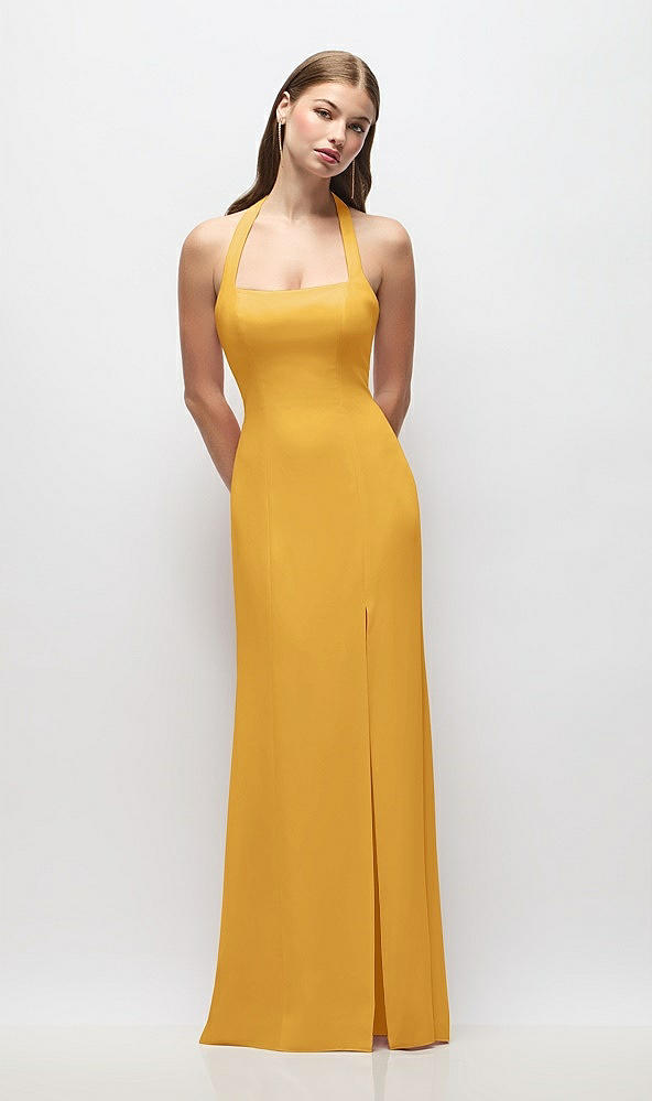 Front View - NYC Yellow Tie Halter Open Back Trumpet Gown 