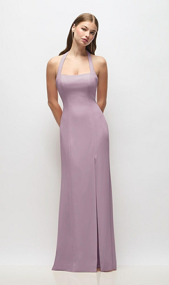 Front View - Suede Rose Tie Halter Open Back Trumpet Gown 
