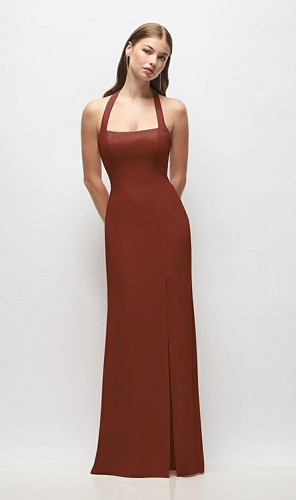 Front View - Auburn Moon Tie Halter Open Back Trumpet Gown 