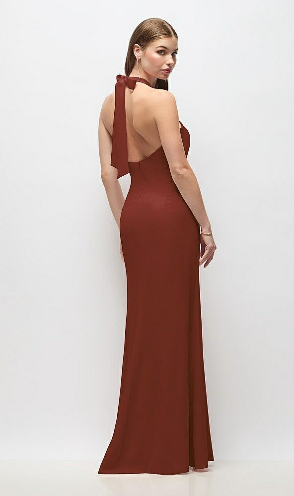Back View - Auburn Moon Tie Halter Open Back Trumpet Gown 