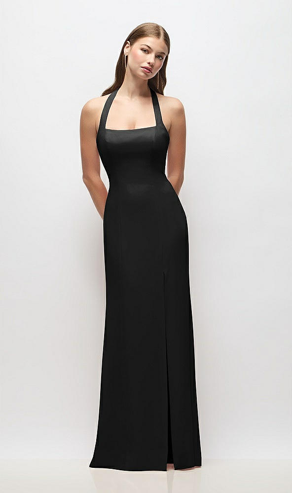Front View - Black Tie Halter Open Back Trumpet Gown