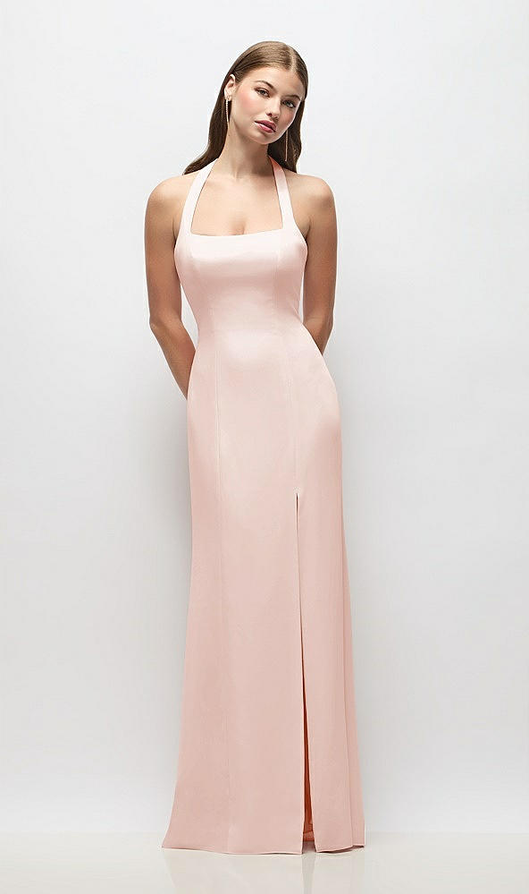 Front View - Blush Tie Halter Open Back Trumpet Gown 