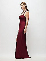 Side View Thumbnail - Burgundy Tie Halter Open Back Trumpet Gown 