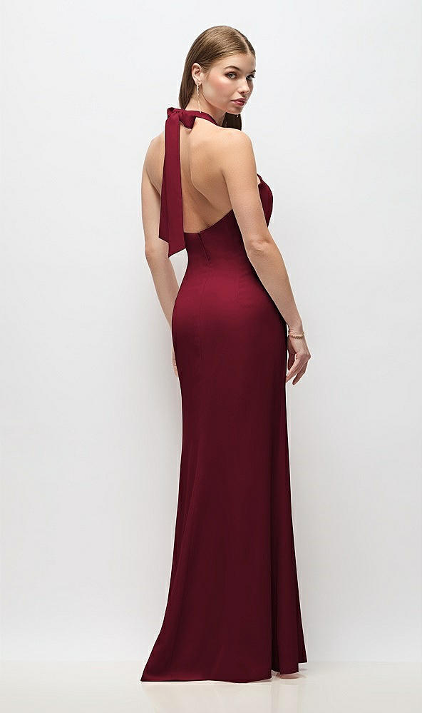 Back View - Burgundy Tie Halter Open Back Trumpet Gown 