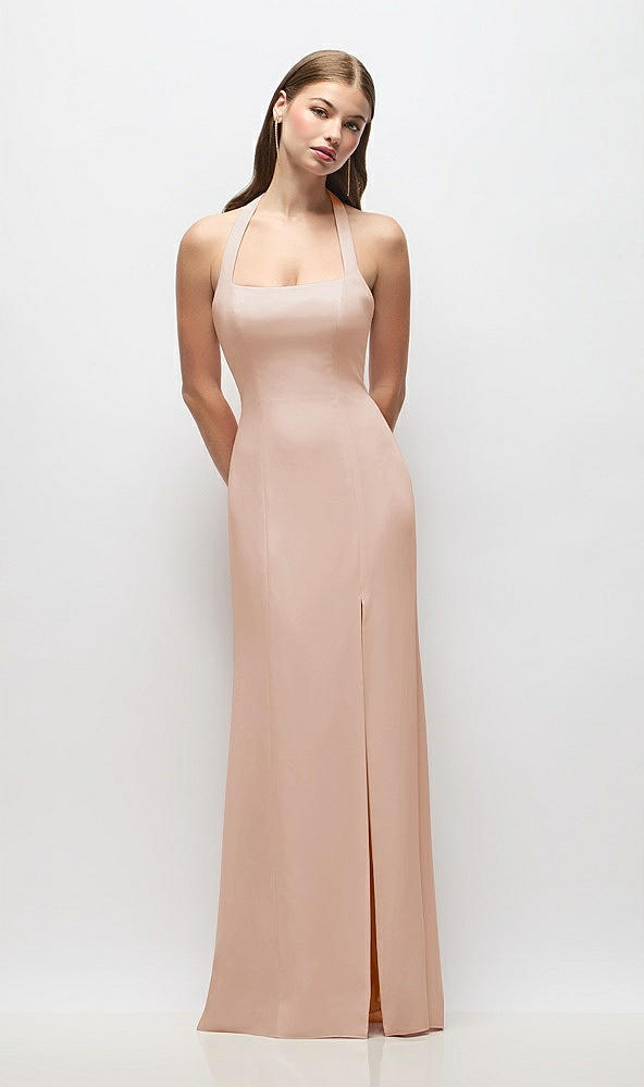 Front View - Cameo Tie Halter Open Back Trumpet Gown 