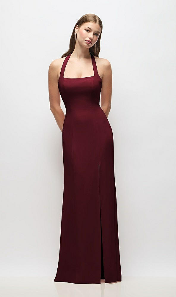 Front View - Cabernet Tie Halter Open Back Trumpet Gown 