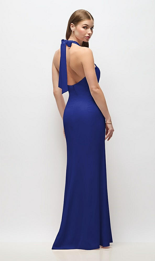 Back View - Cobalt Blue Tie Halter Open Back Trumpet Gown