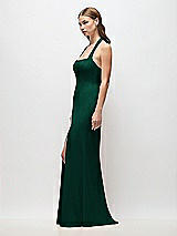 Side View Thumbnail - Hunter Green Tie Halter Open Back Trumpet Gown 