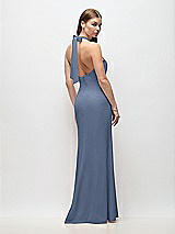 Rear View Thumbnail - Larkspur Blue Tie Halter Open Back Trumpet Gown 