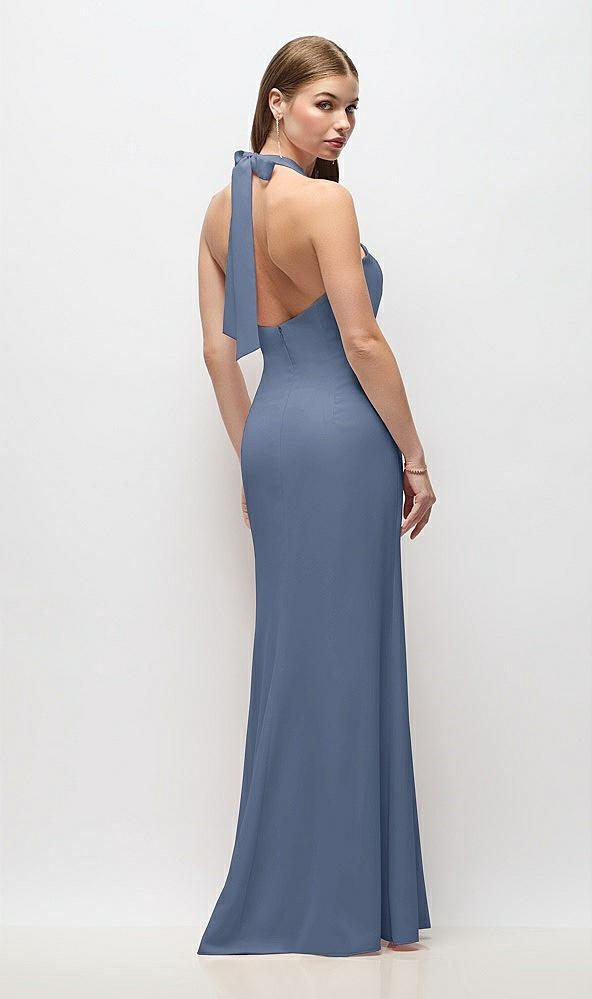 Back View - Larkspur Blue Tie Halter Open Back Trumpet Gown 