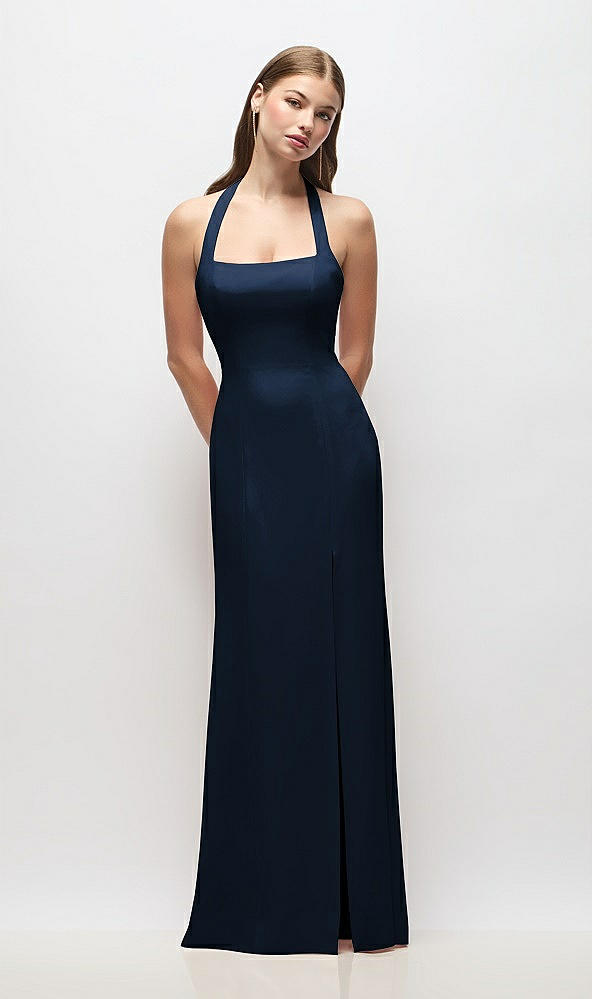 Front View - Midnight Navy Tie Halter Open Back Trumpet Gown 