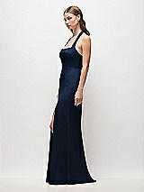 Side View Thumbnail - Midnight Navy Tie Halter Open Back Trumpet Gown 