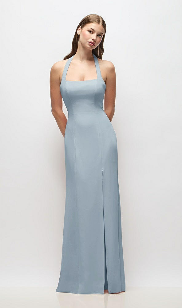 Front View - Mist Tie Halter Open Back Trumpet Gown 