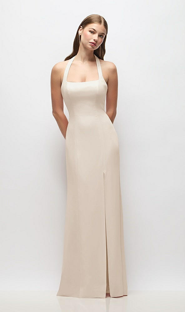 Front View - Oat Tie Halter Open Back Trumpet Gown