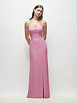 Front View Thumbnail - Powder Pink Tie Halter Open Back Trumpet Gown 