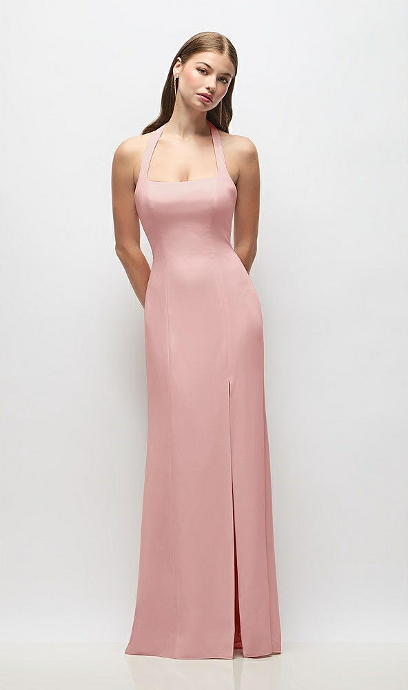 Front View - Rose Tie Halter Open Back Trumpet Gown