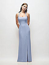 Front View Thumbnail - Sky Blue Tie Halter Open Back Trumpet Gown 