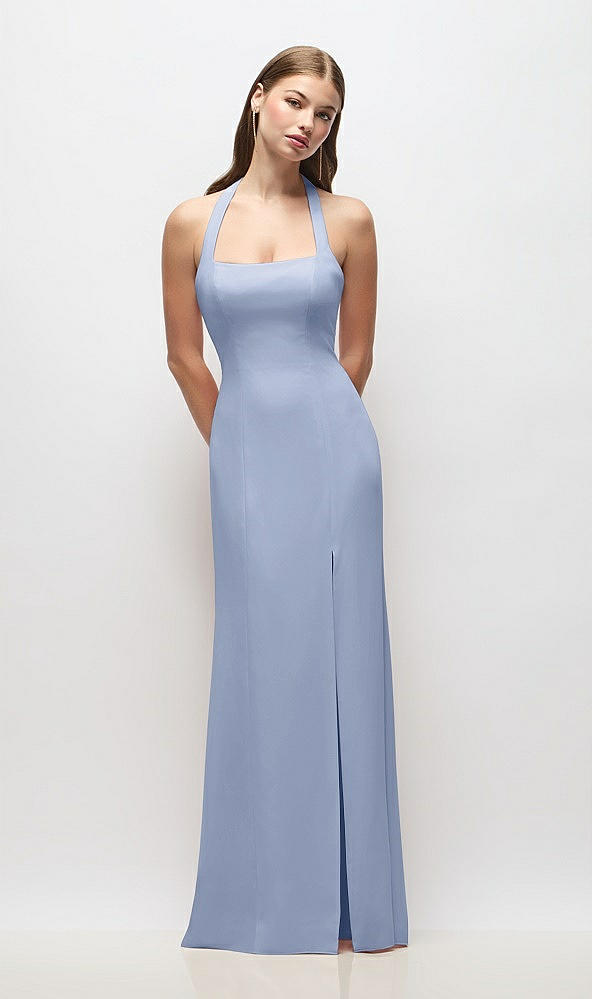 Front View - Sky Blue Tie Halter Open Back Trumpet Gown 