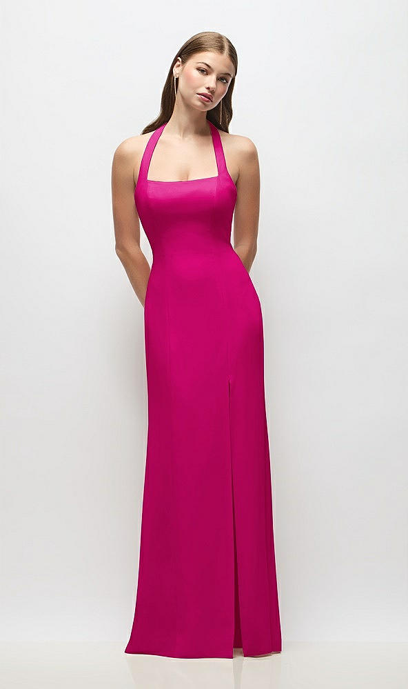 Front View - Think Pink Tie Halter Open Back Trumpet Gown