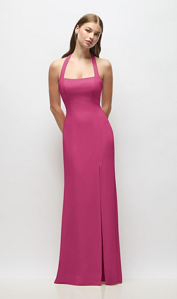 Front View - Tea Rose Tie Halter Open Back Trumpet Gown 