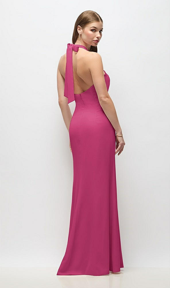 Back View - Tea Rose Tie Halter Open Back Trumpet Gown 