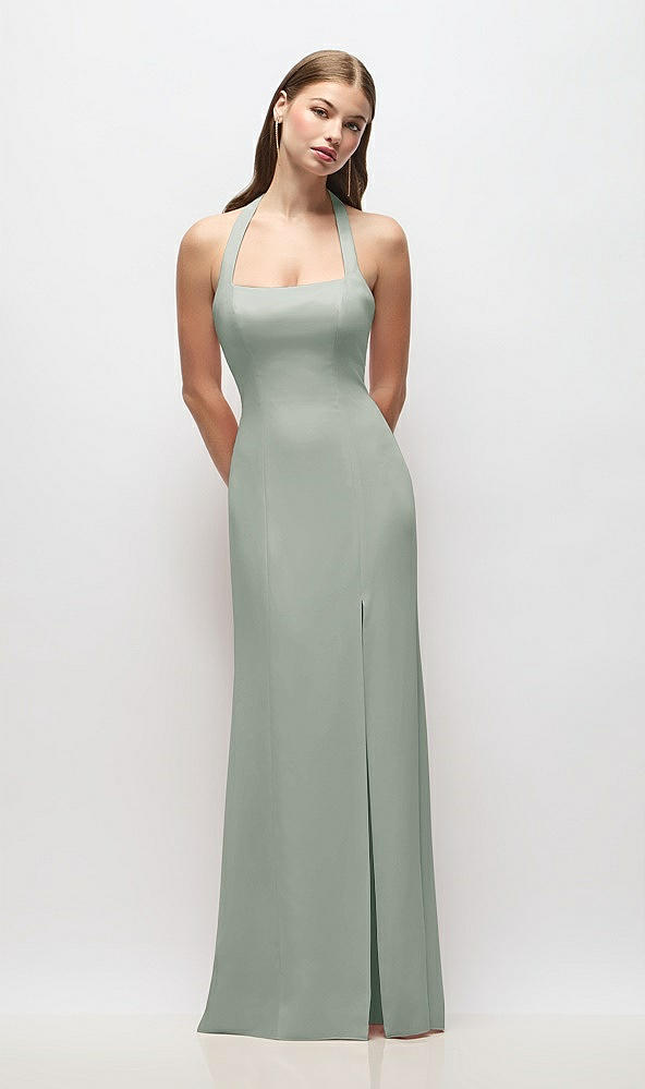 Front View - Willow Green Tie Halter Open Back Trumpet Gown 