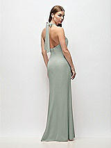 Rear View Thumbnail - Willow Green Tie Halter Open Back Trumpet Gown 