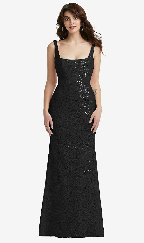Front View - Black Scoop Back Sequin Lace Trumpet Gown