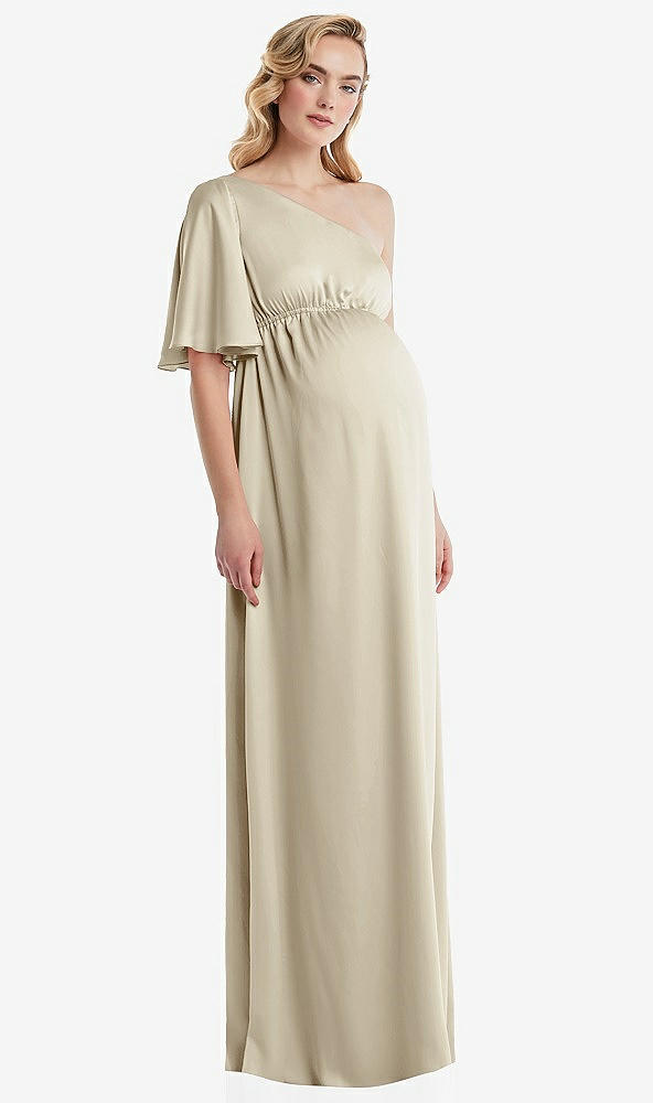 Front View - Champagne One-Shoulder Flutter Sleeve Maternity Dress