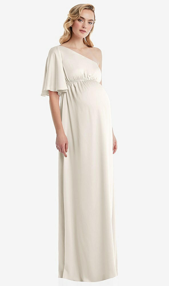 Front View - Ivory One-Shoulder Flutter Sleeve Maternity Dress