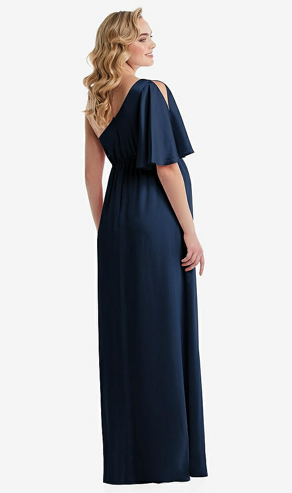 Back View - Midnight Navy One-Shoulder Flutter Sleeve Maternity Dress