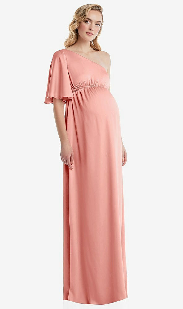 Front View - Rose One-Shoulder Flutter Sleeve Maternity Dress