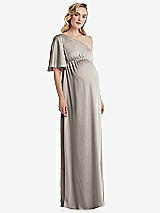 Front View Thumbnail - Taupe One-Shoulder Flutter Sleeve Maternity Dress