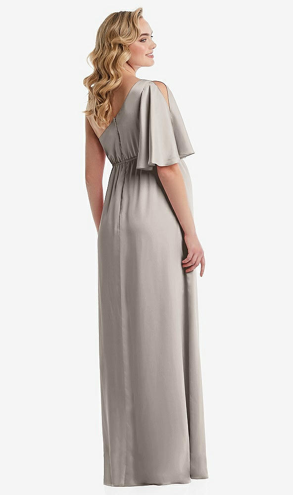 Back View - Taupe One-Shoulder Flutter Sleeve Maternity Dress