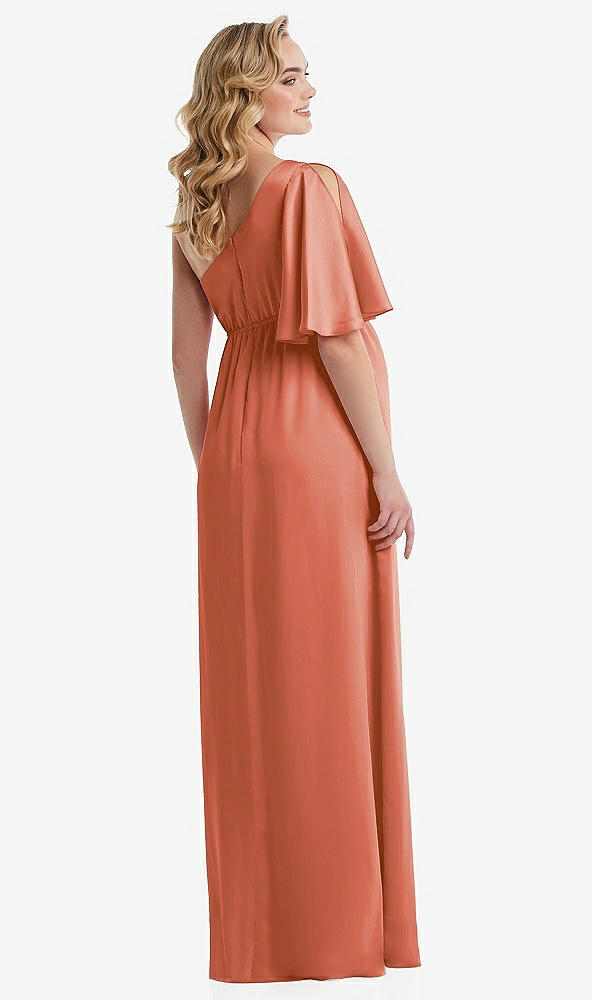 Back View - Terracotta Copper One-Shoulder Flutter Sleeve Maternity Dress