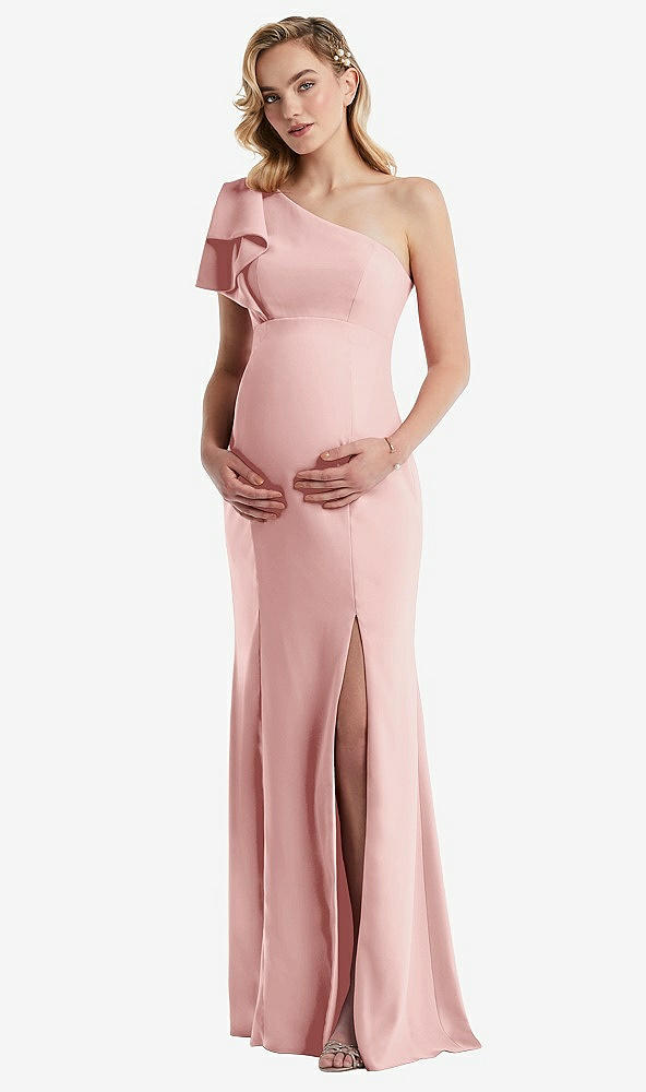 Front View - Rose One-Shoulder Ruffle Sleeve Maternity Trumpet Gown