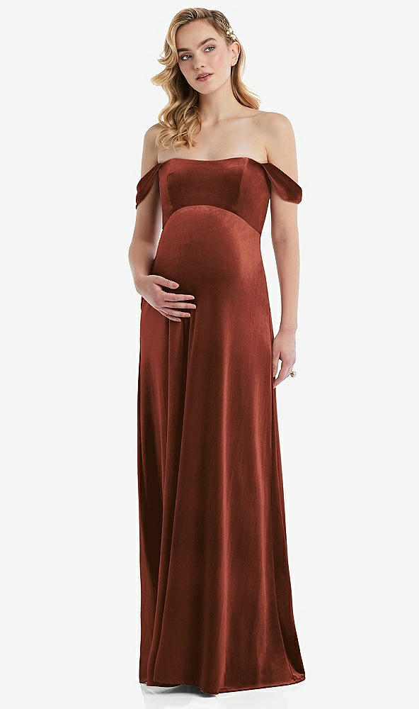 Front View - Auburn Moon Off-the-Shoulder Flounce Sleeve Velvet Maternity Dress