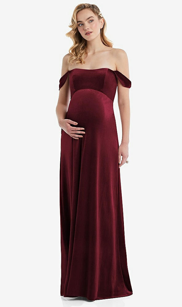 Front View - Cabernet Off-the-Shoulder Flounce Sleeve Velvet Maternity Dress