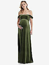 Front View Thumbnail - Olive Green Off-the-Shoulder Flounce Sleeve Velvet Maternity Dress